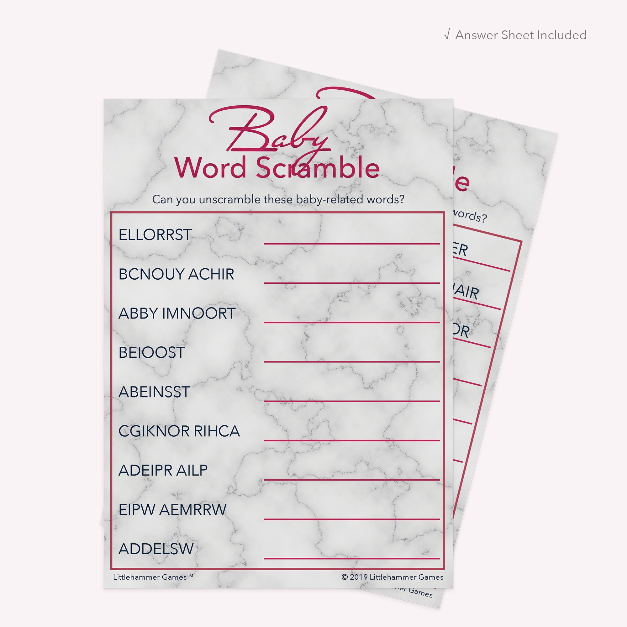 Printable marble and rose gold Baby Word Scramble card displayed with answer sheet in the background