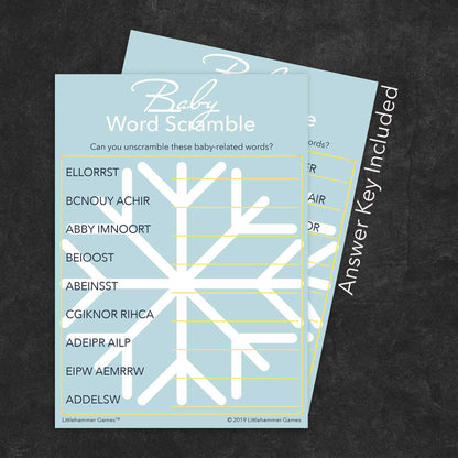 Baby Word Scramble game card with a snowflake background with answer card tucked behind it on a slate background with white text that says "Answer Key Included"