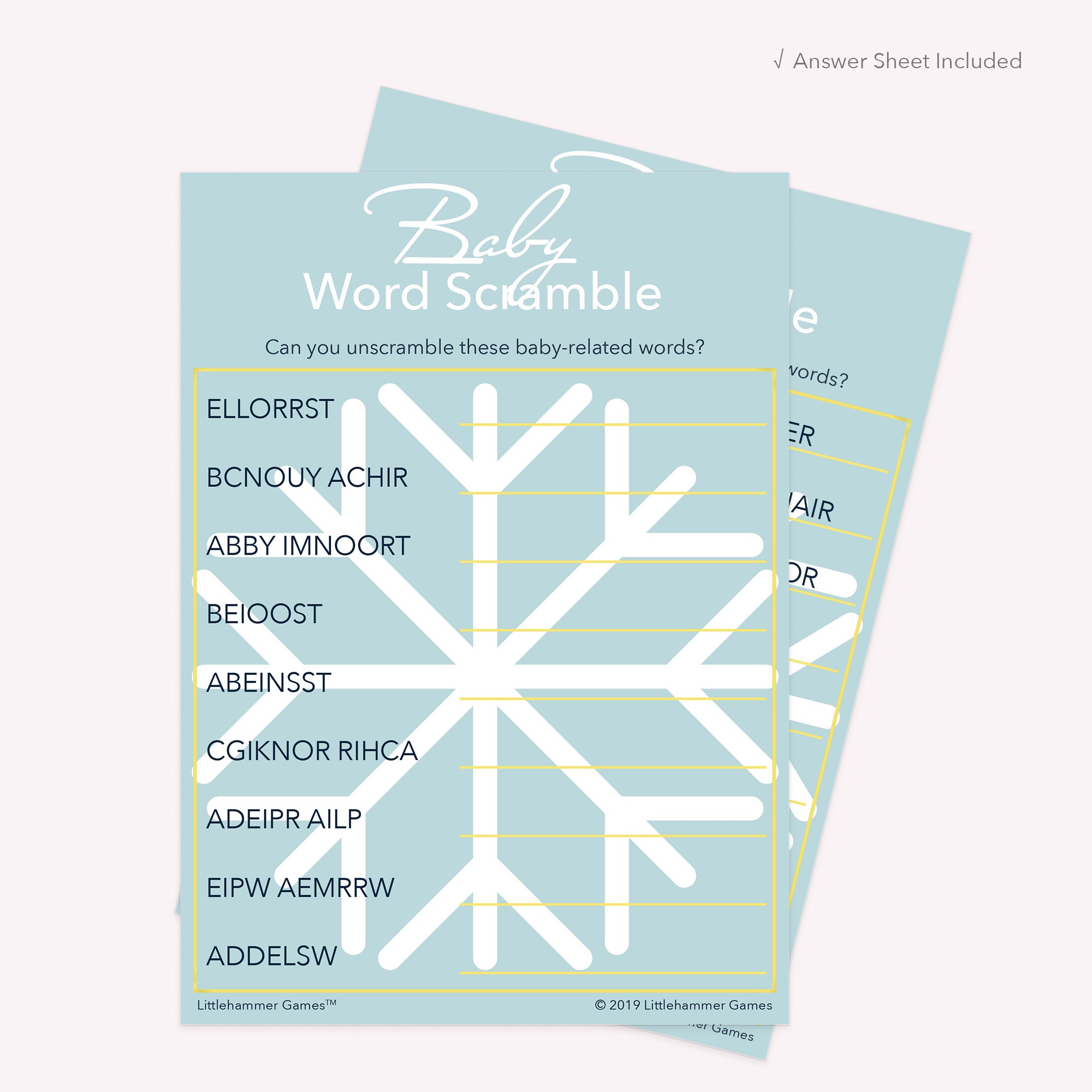 Printable white snowflake on light blue background Baby Word Scramble card displayed with answer sheet in the background