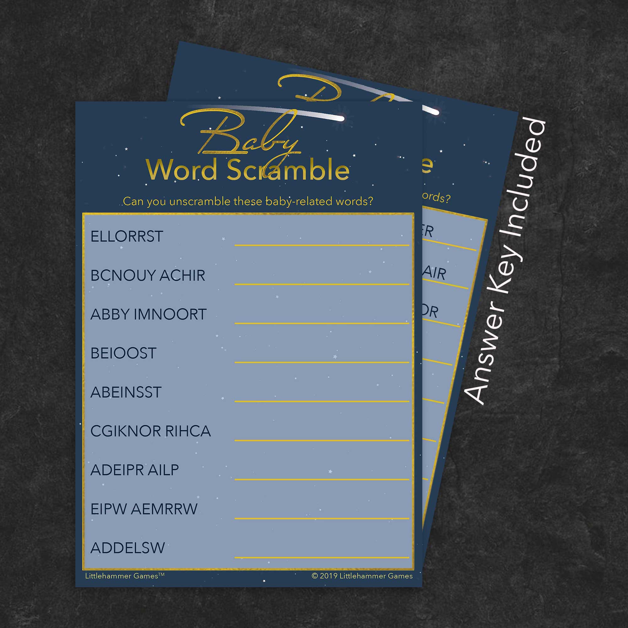 Baby Word Scramble game card with a celestial background with answer card tucked behind it on a slate background with white text that says "Answer Key Included"