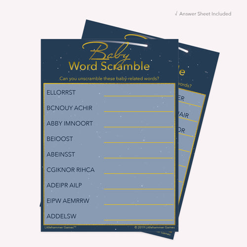 Baby Word Scramble game card with a celestial background with answer card tucked behind it on a slate background with white text that says "Answer Key Included"