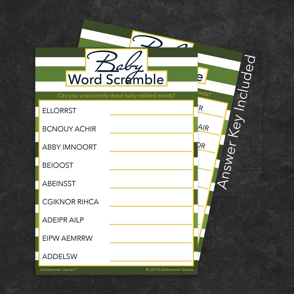 Baby Word Scramble game card with a green striped background with answer card tucked behind it on a slate background with white text that says "Answer Key Included"
