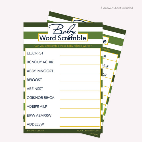 Baby Word Scramble game card with a green striped background with answer card tucked behind it on a slate background with white text that says "Answer Key Included"