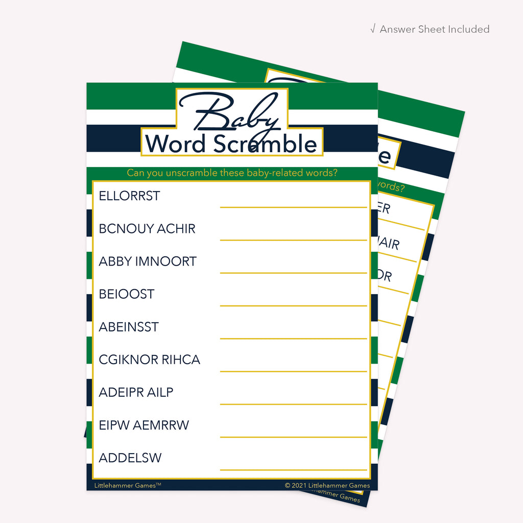 Printable green and navy stripe Baby Word Scramble card displayed with answer sheet in the background