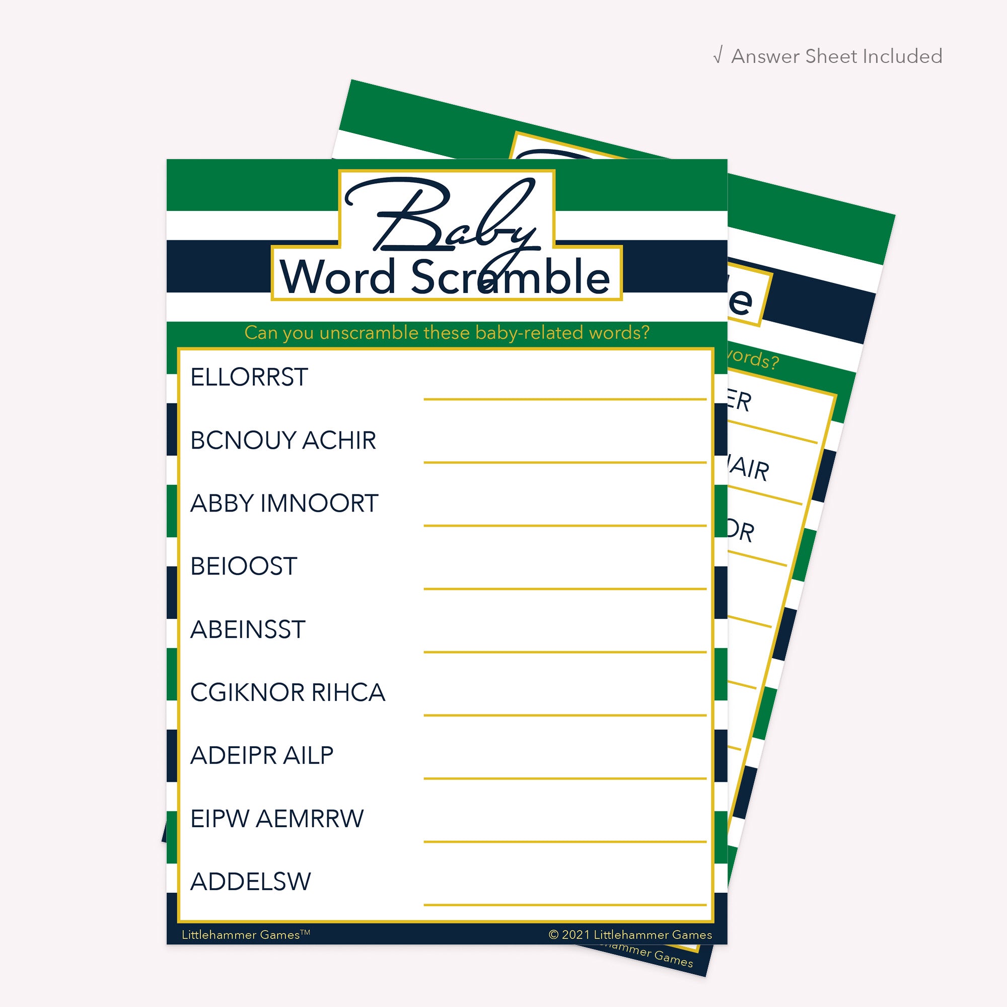 Printable green and navy stripe Baby Word Scramble card displayed with answer sheet in the background