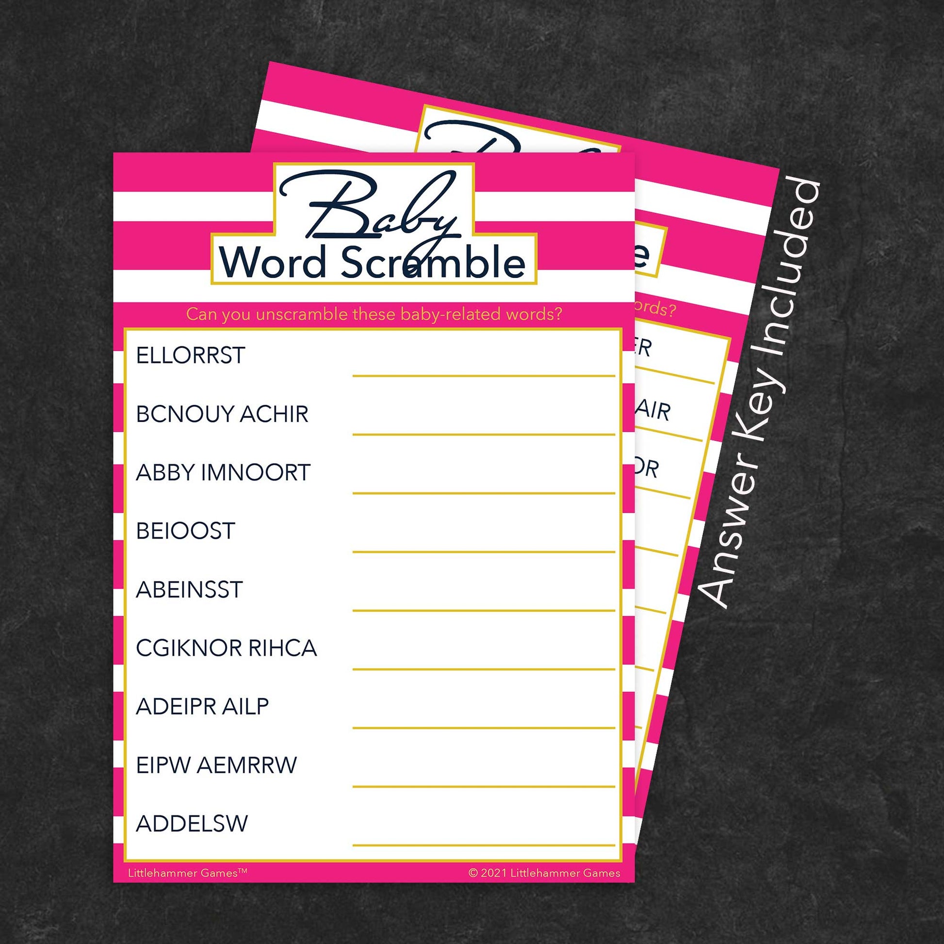 Baby Word Scramble game card with a pink-striped background with answer card tucked behind it on a slate background with white text that says "Answer Key Included"
