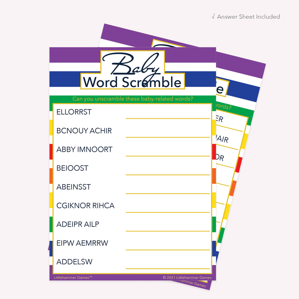 Baby Word Scramble game card with a rainbow-striped background with answer card tucked behind it on a slate background with white text that says "Answer Key Included"