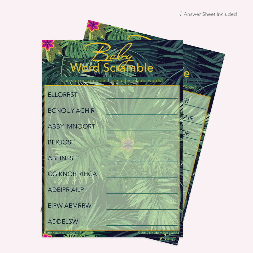Printable tropical jungle-themed Baby Word Scramble card displayed with answer sheet in the background