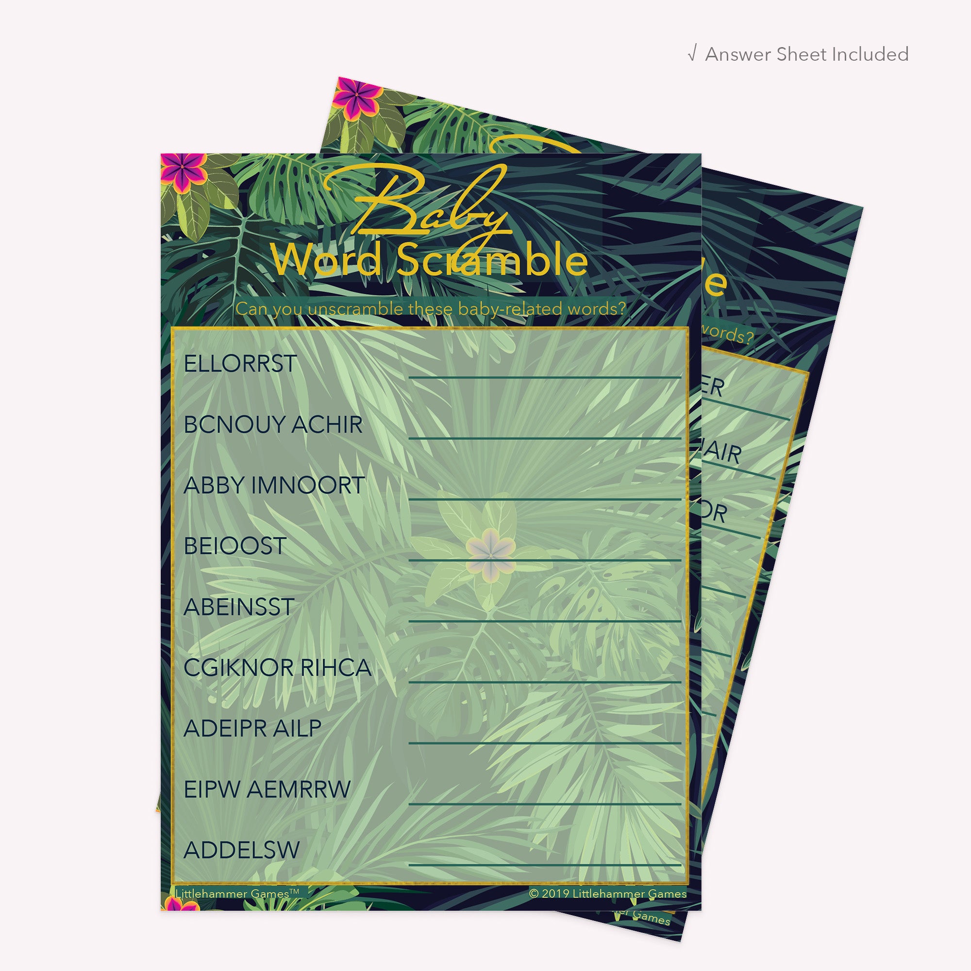Printable tropical jungle-themed Baby Word Scramble card displayed with answer sheet in the background