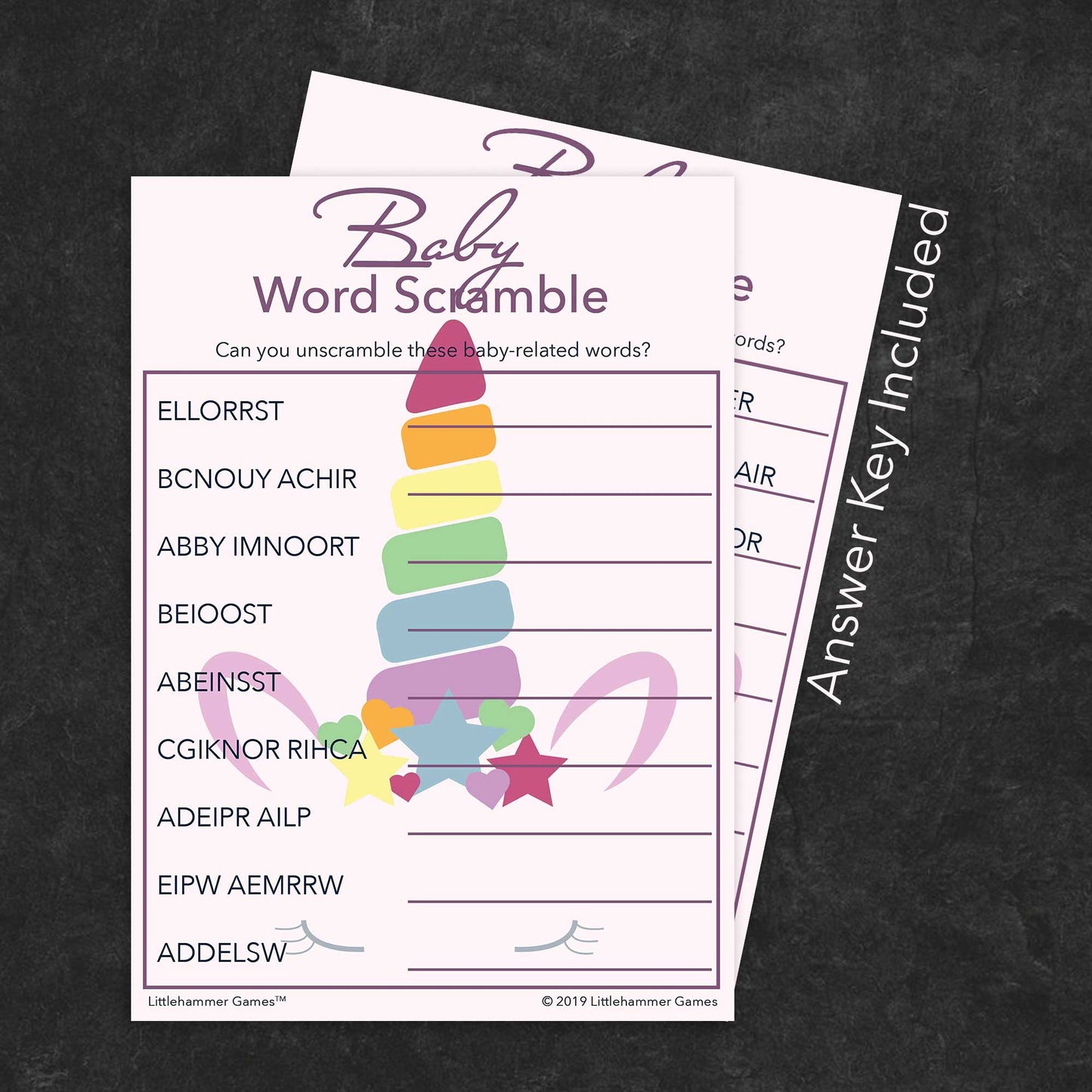 Baby Word Scramble game card with a pink unicorn background with answer card tucked behind it on a slate background with white text that says "Answer Key Included"