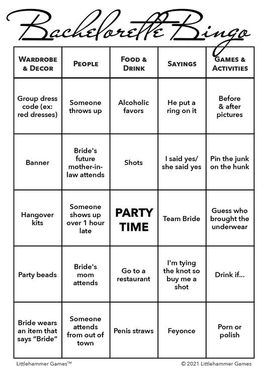 Bachelorette Bingo game card with black text on a white background