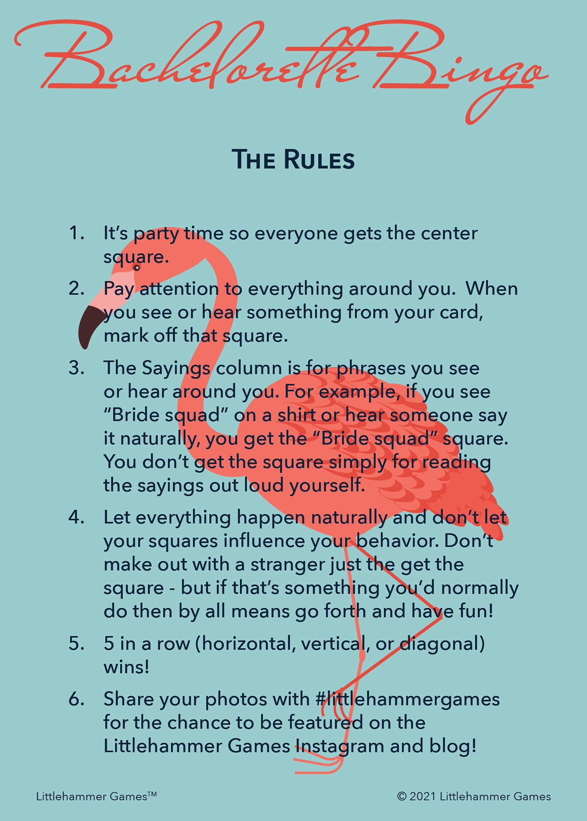 Bachelorette Bingo rules card with a bright flamingo on a blue background