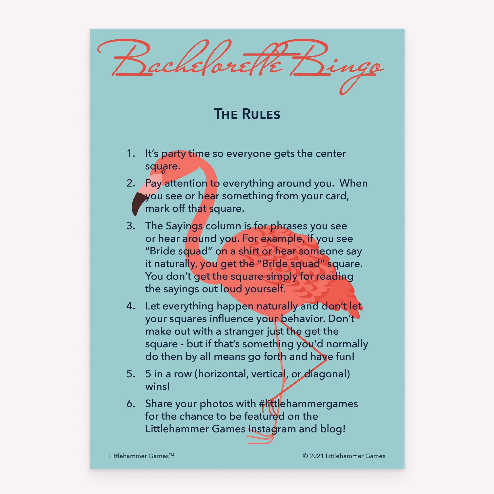 Bachelorette Bingo rules card with a bright flamingo on a blue background