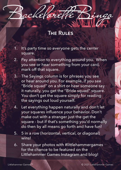 Bachelorette Bingo rules card with white text on a dark floral background