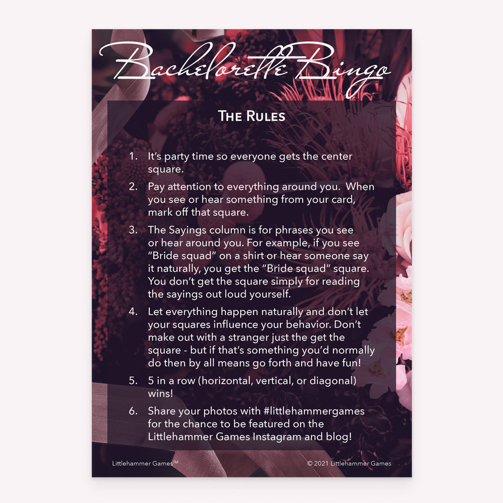 Printable bachelorette party Bachelorette Bingo rules card with a dark floral theme