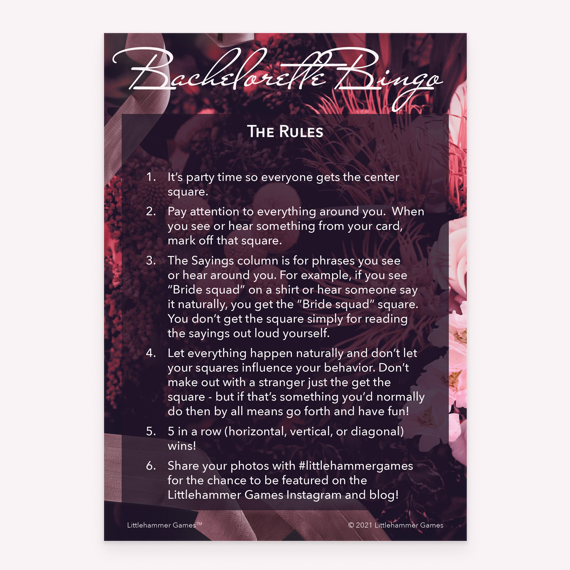 Bachelorette Bingo rules card with white text on a dark floral background