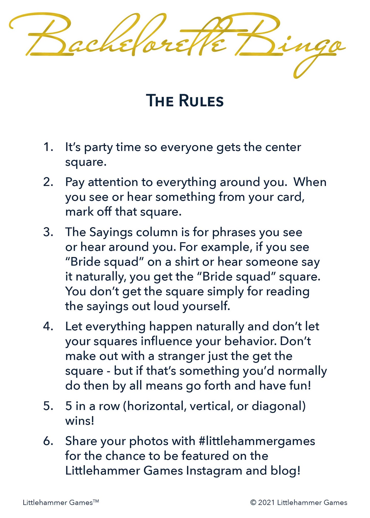 Bachelorette Bingo rules card with gold text on a white background