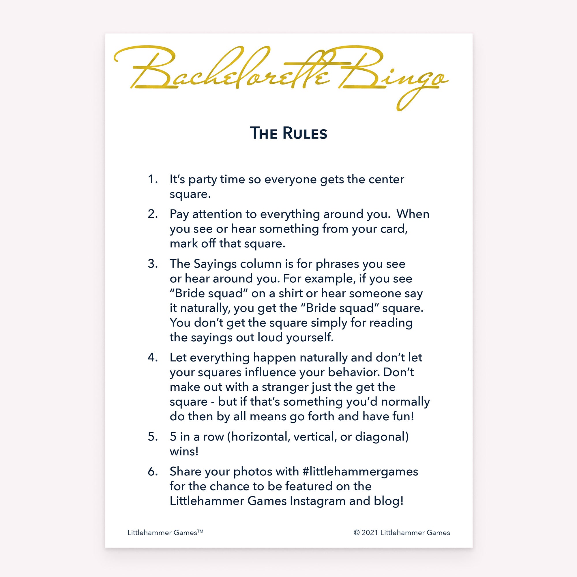 Bachelorette Bingo rules card with gold text on a white background