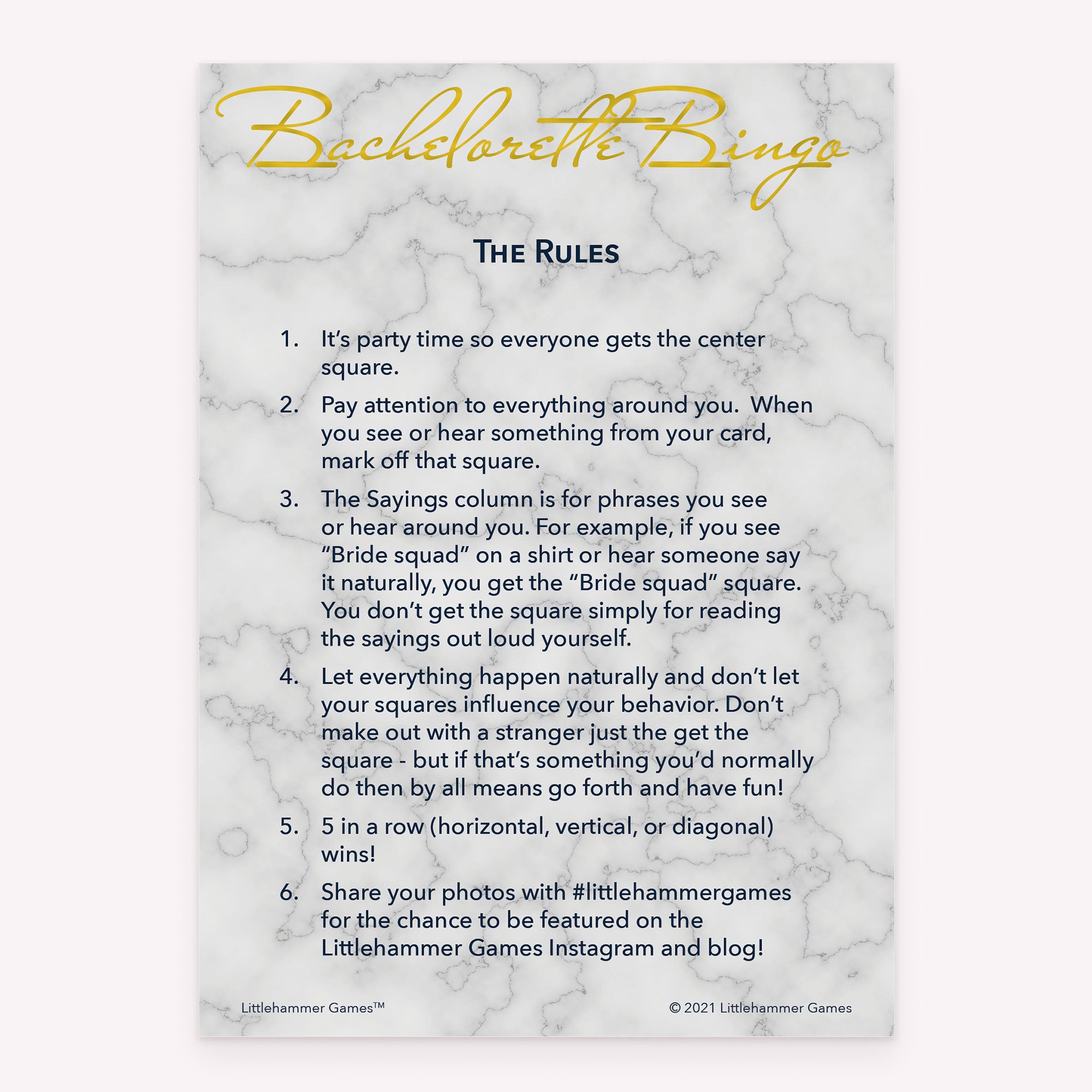 Bachelorette Bingo rules card with gold text on a marble background