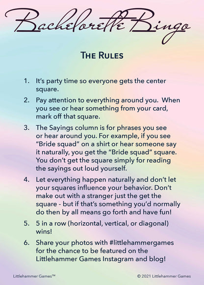Bachelorette Bingo rules card with a holographic-themed background