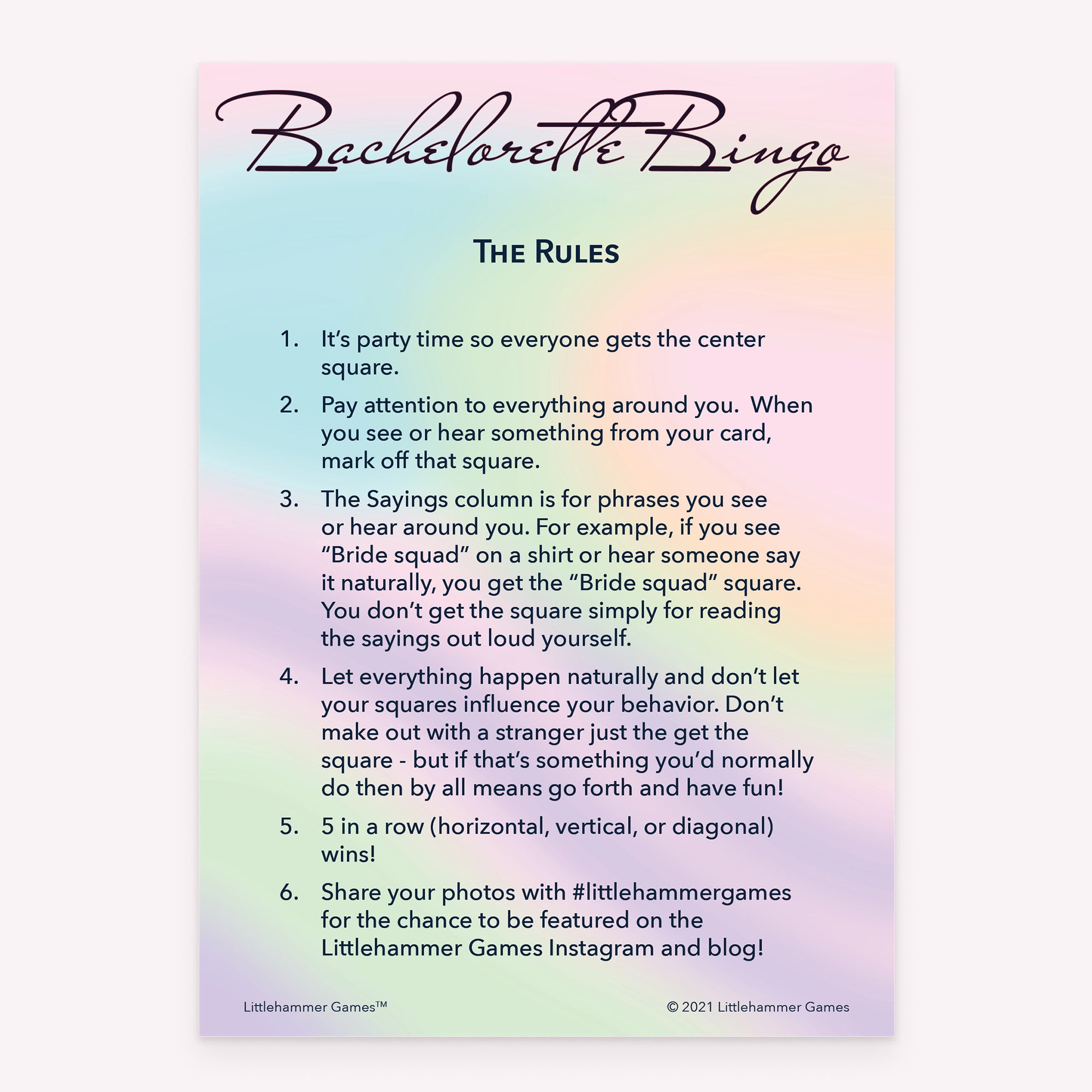 Bachelorette Bingo rules card with a holographic-themed background