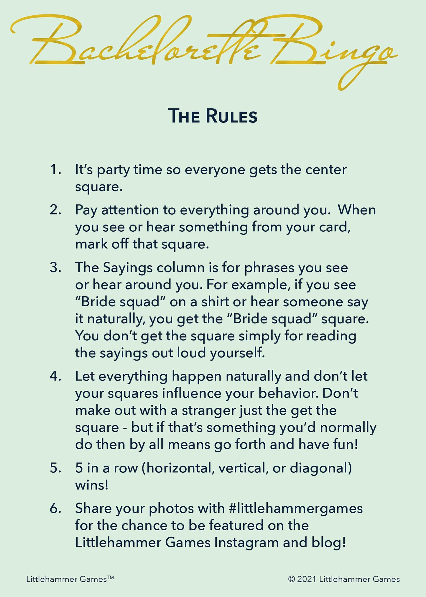 Bachelorette Bingo rules card with gold text on a mint background