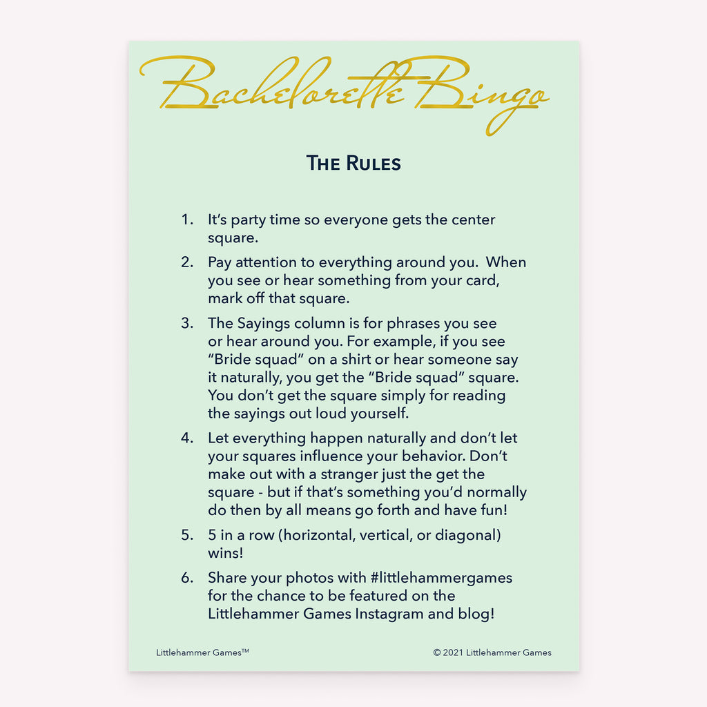 Printable bachelorette party Bachelorette Bingo rules card with a mint green and gold theme