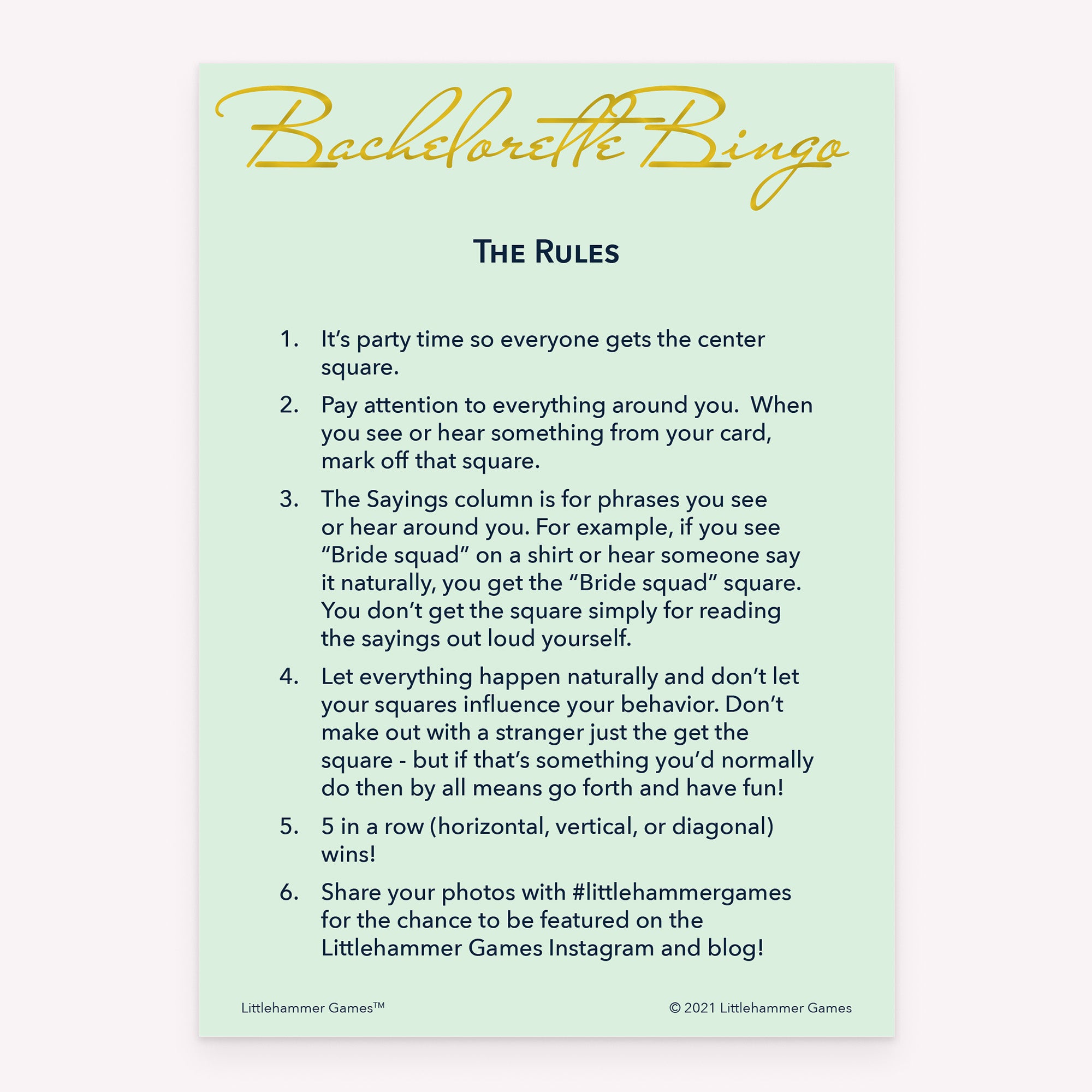 Bachelorette Bingo rules card with gold text on a mint background