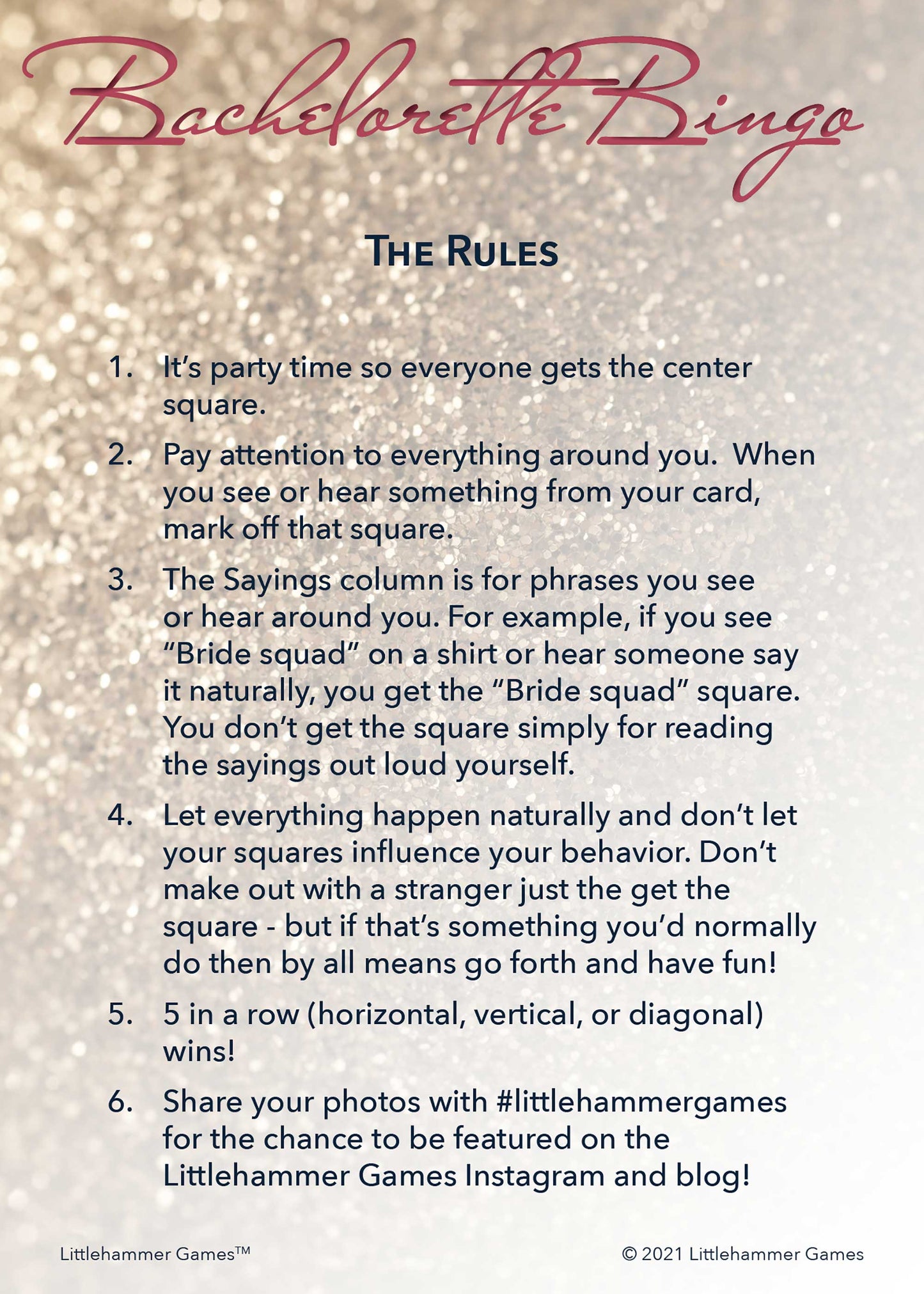 Bachelorette Bingo rules card with a glittery rose gold background