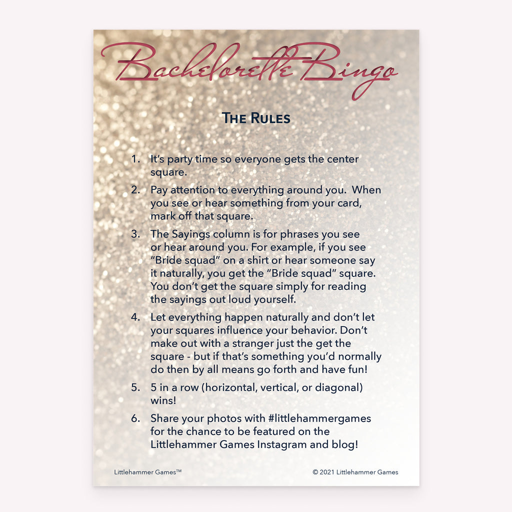 Printable bachelorette party Bachelorette Bingo rules card in rose gold glitter theme