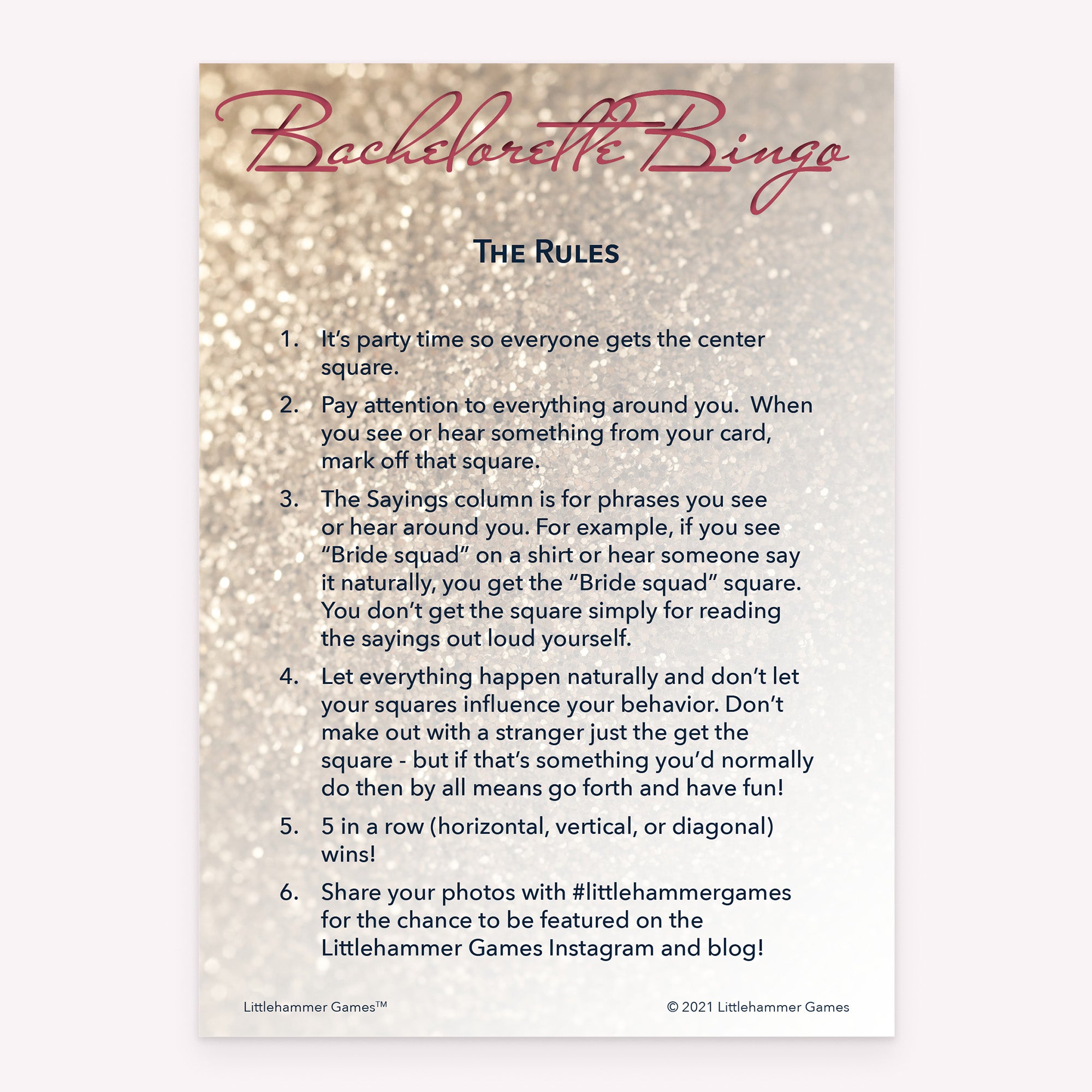 Bachelorette Bingo rules card with a glittery rose gold background