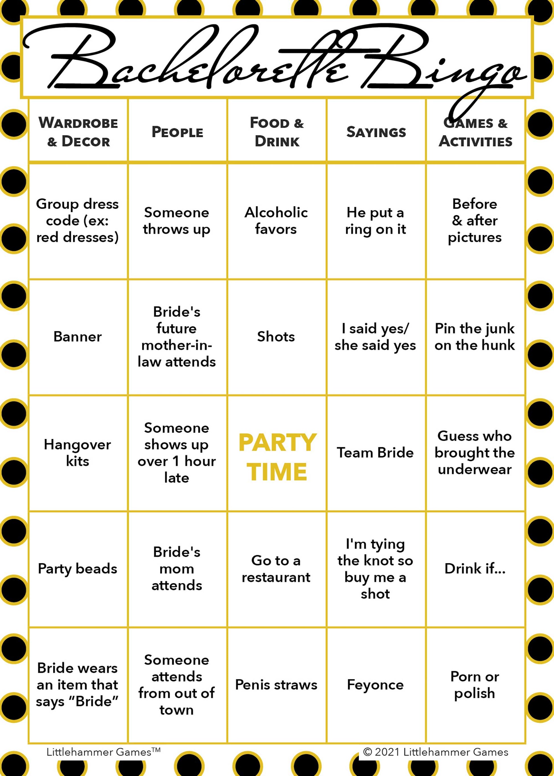 Bachelorette Bingo game card with a black and gold polka dot background