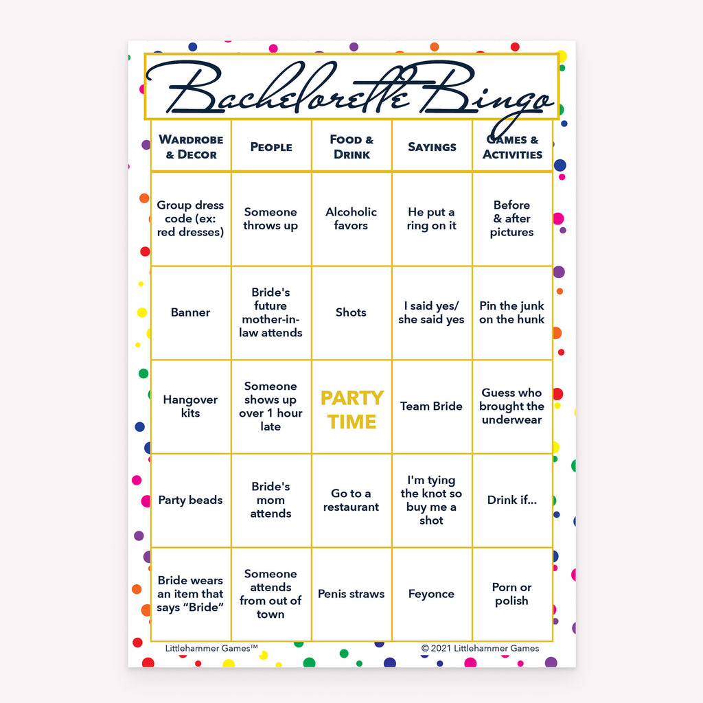 Bachelorette Bingo game card with a rainbow polka dot background