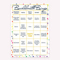 Bachelorette Bingo game card with a rainbow polka dot background