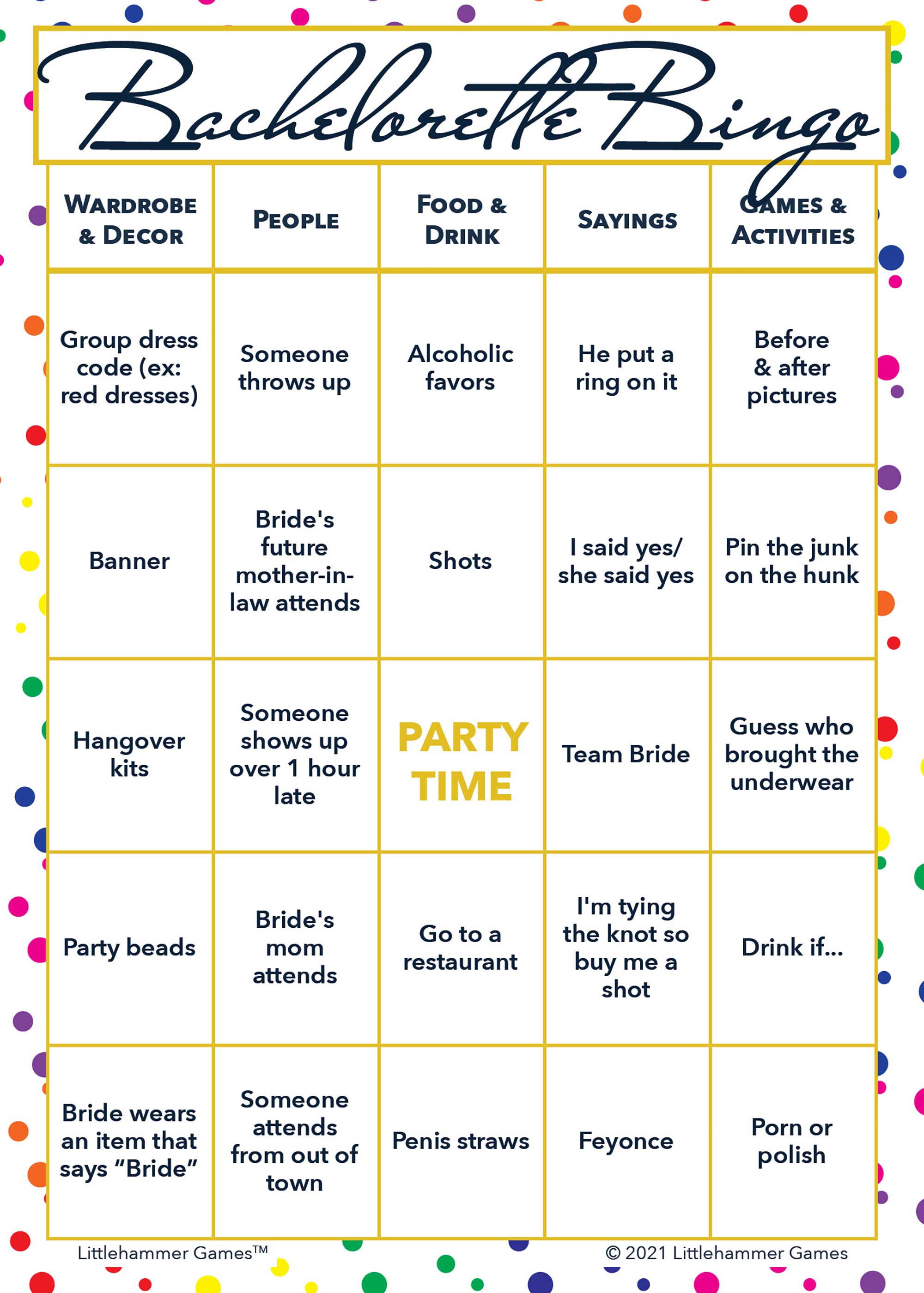 Bachelorette Bingo game card with a rainbow polka dot background