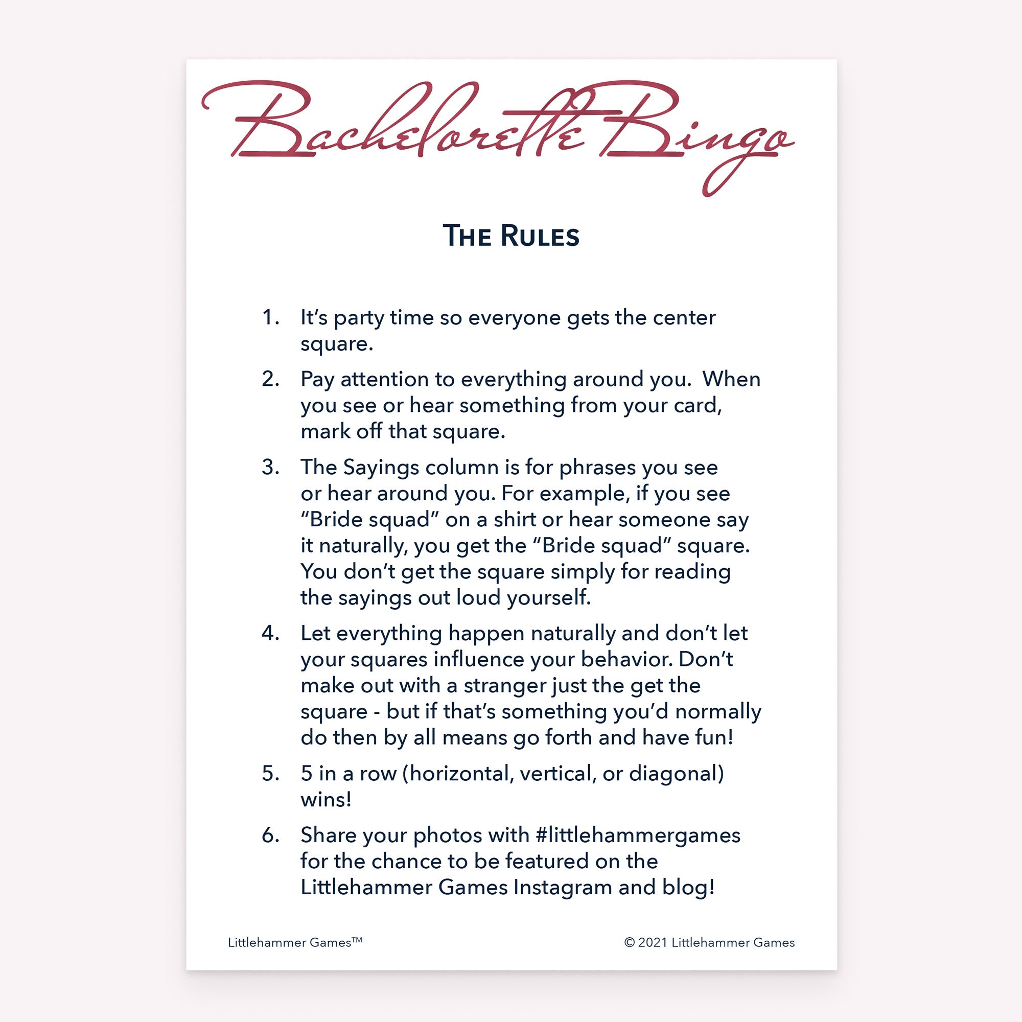 Bachelorette Bingo rules card with rose gold text on a white background