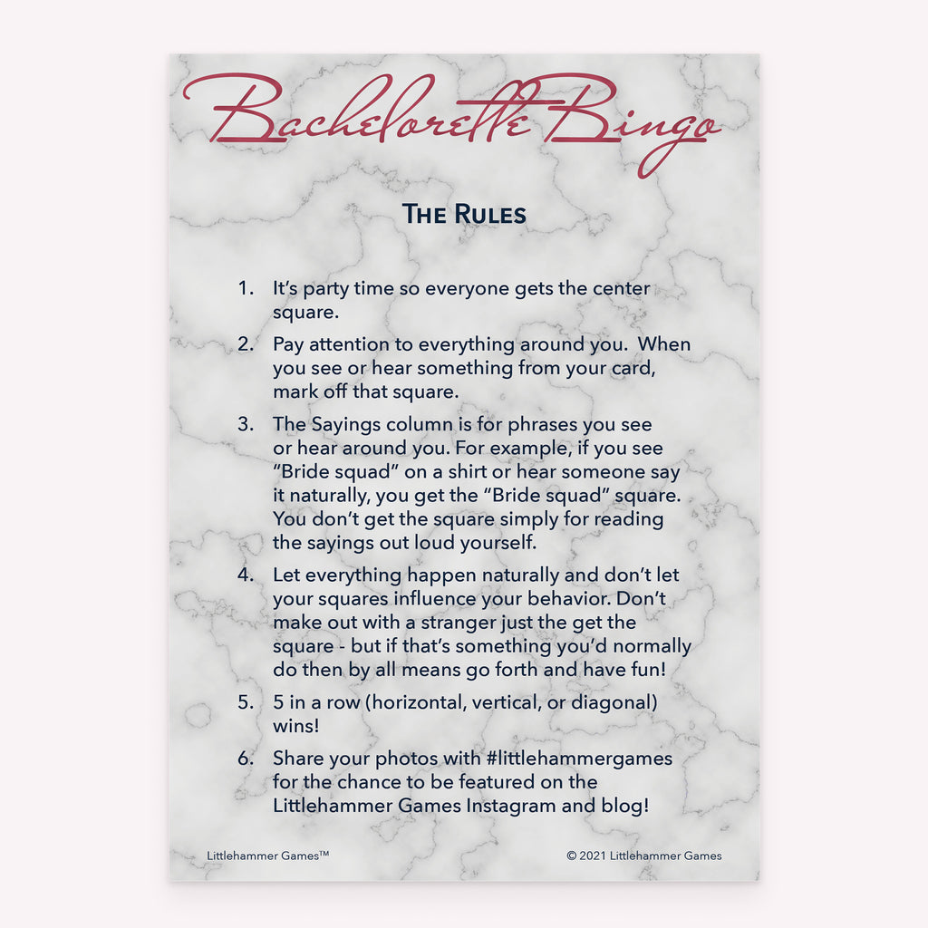 Printable bachelorette party Bachelorette Bingo rules card in a rose gold marble theme