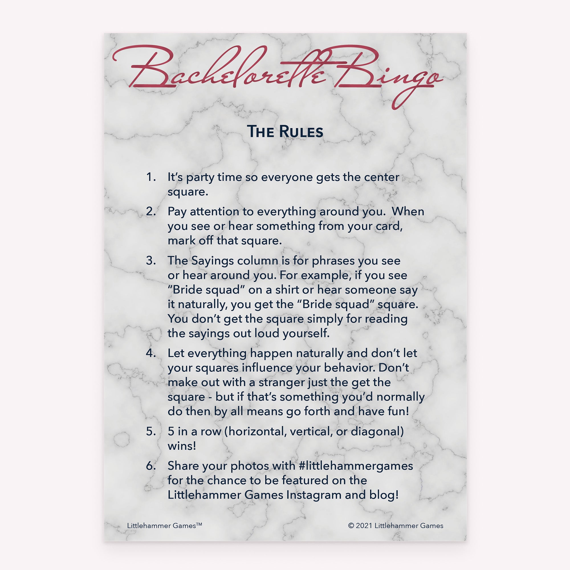 Bachelorette Bingo rules card with rose gold text on a marble background