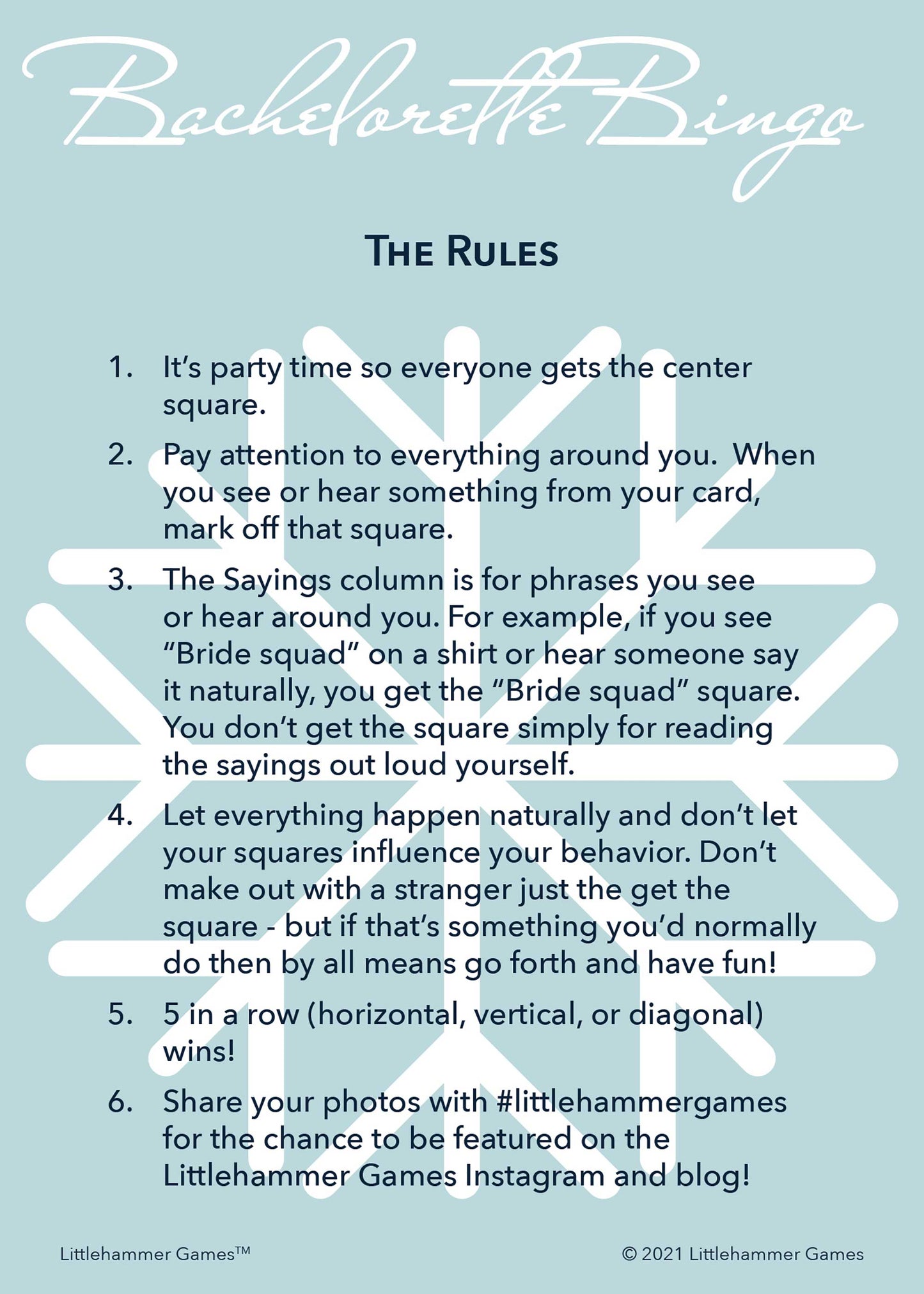 Bachelorette Bingo rules card with a snowflake on a light blue background