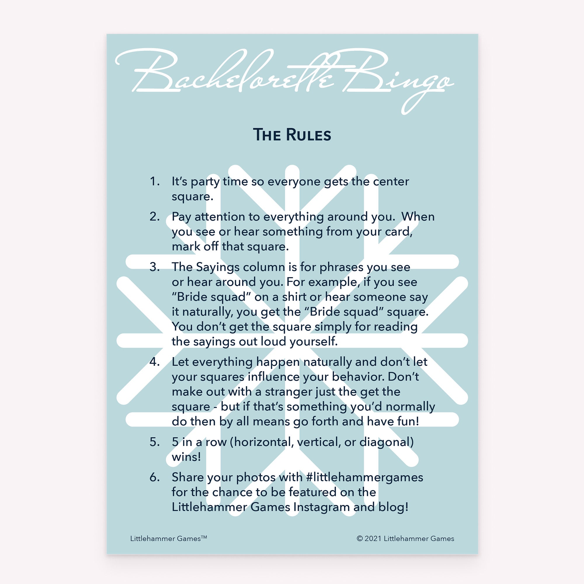 Bachelorette Bingo rules card with a snowflake on a light blue background