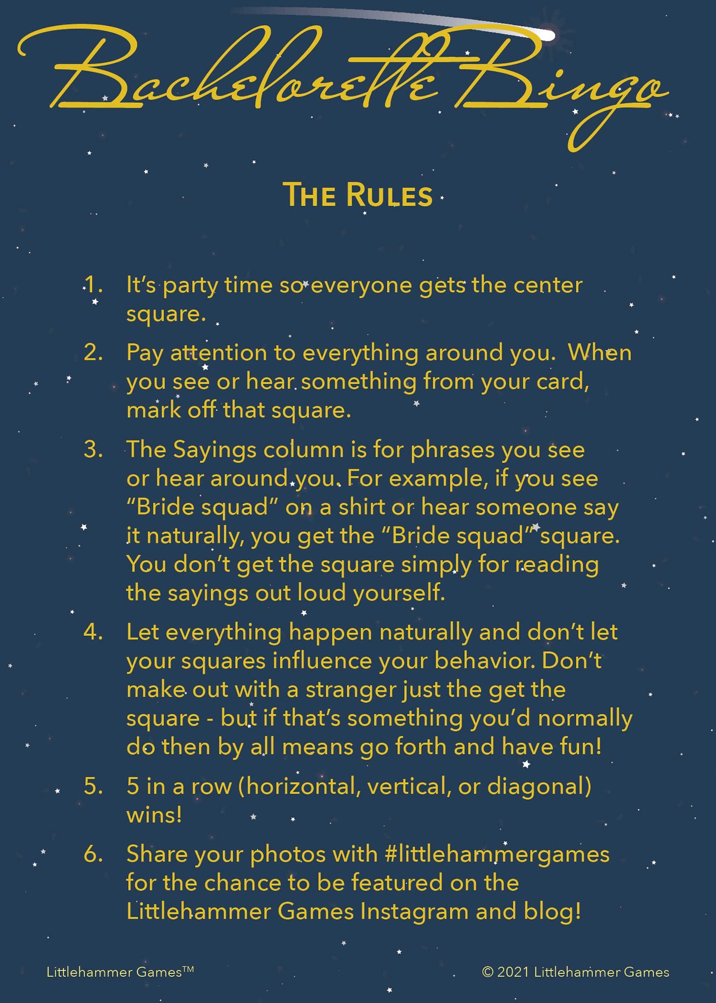 Bachelorette Bingo rules card with gold text on a celestial background