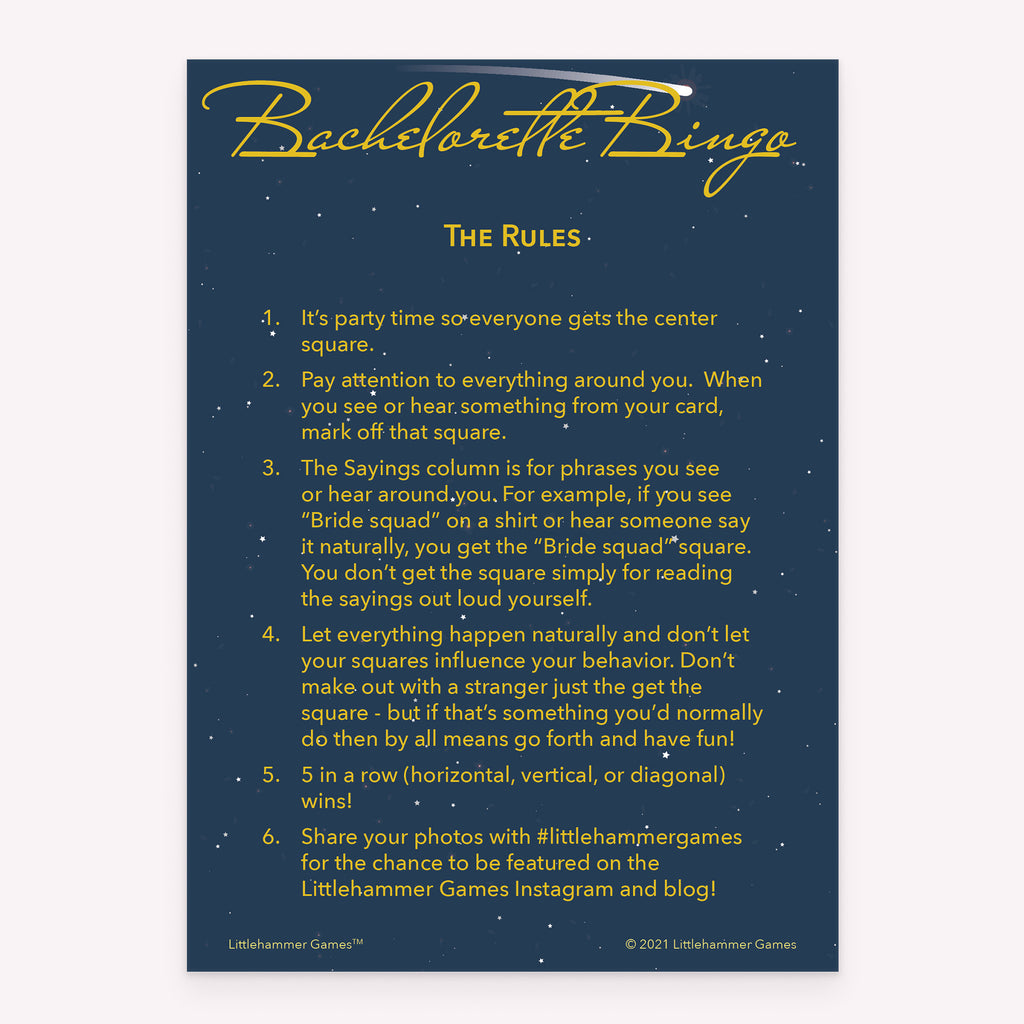 Printable bachelorette party Bachelorette Bingo rules card in a celestial theme