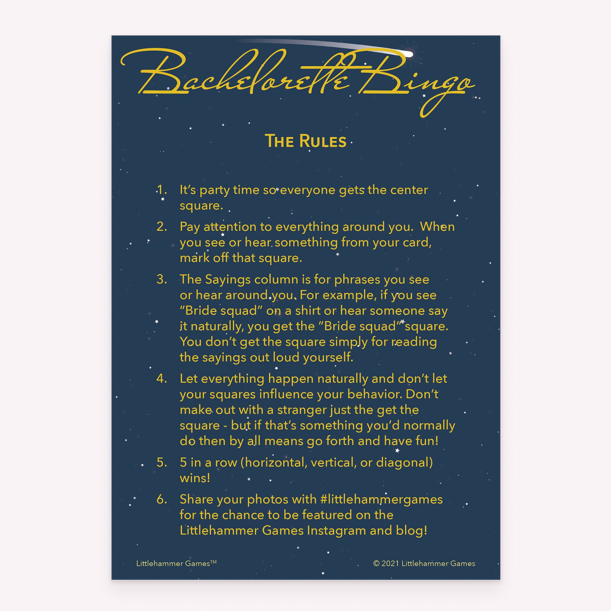 Bachelorette Bingo rules card with gold text on a celestial background