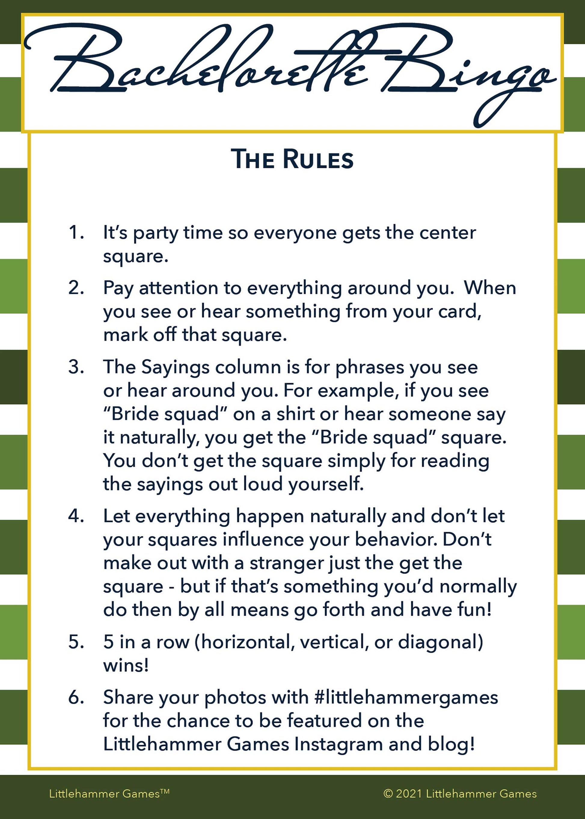 Bachelorette Bingo rules card with a green-striped background