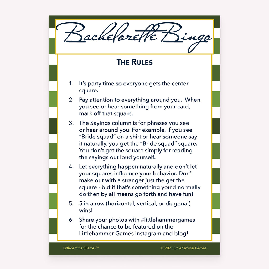 Printable bachelorette party Bachelorette Bingo rules card in green stripe theme