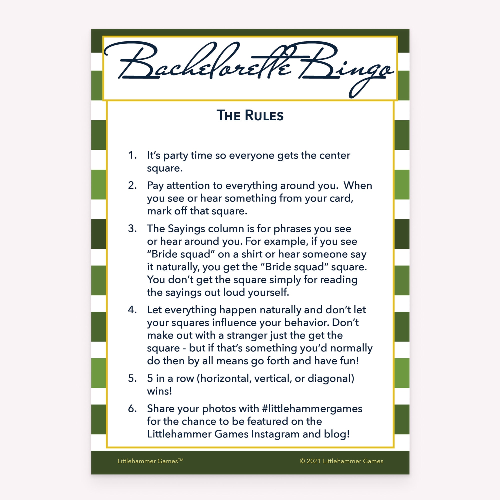 Bachelorette Bingo rules card with a green-striped background