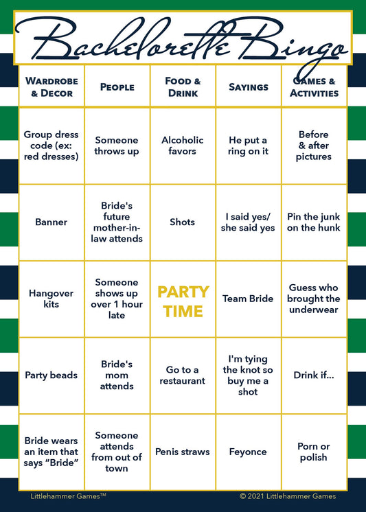 Bachelorette Bingo game card with a green and navy-striped background