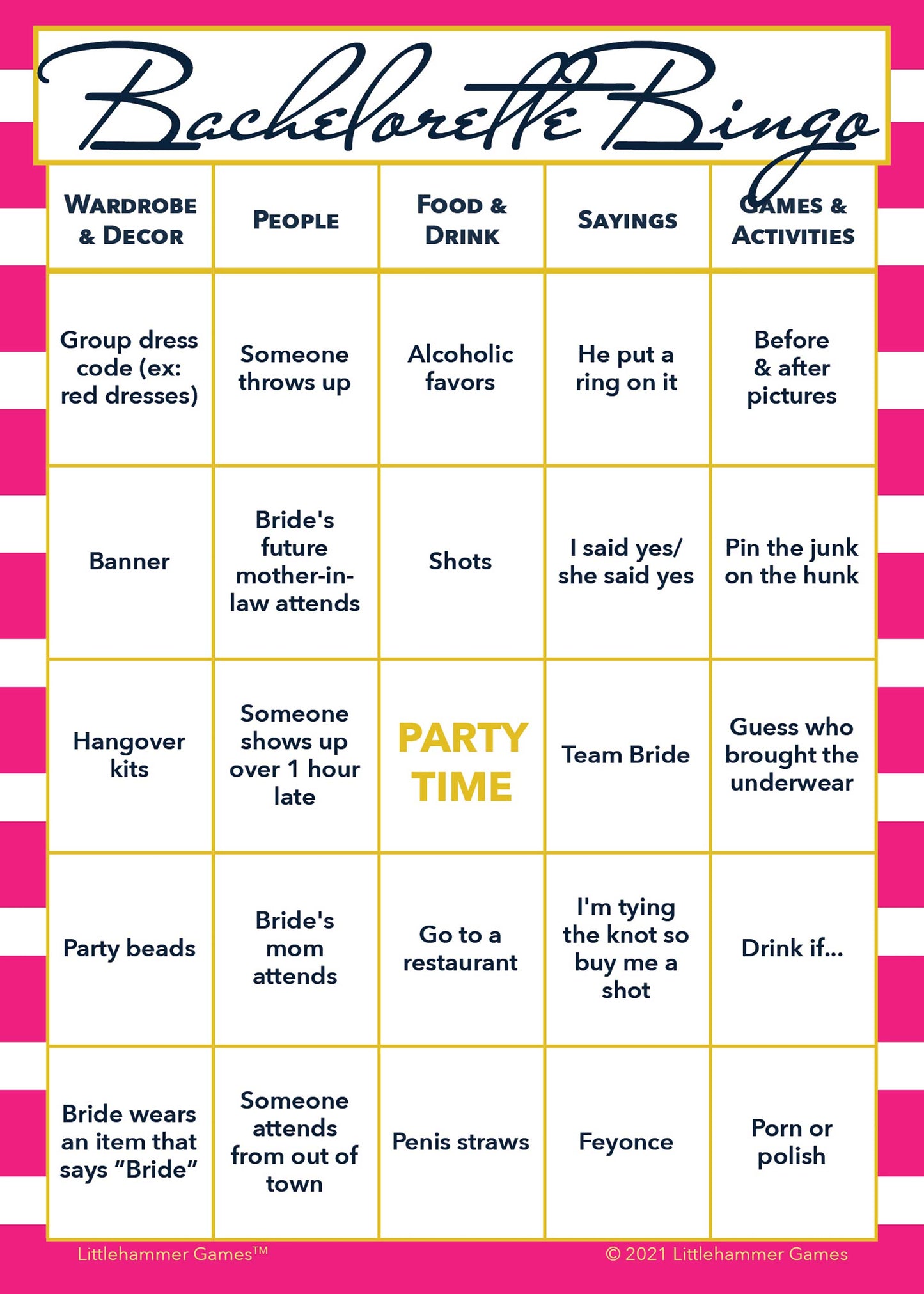 Bachelorette Bingo game card with a hot pink-striped background