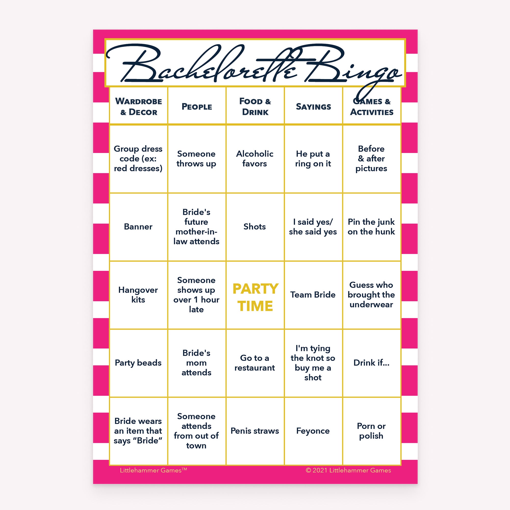 Bachelorette Bingo game card with a hot pink-striped background