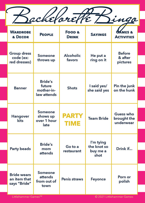 Bachelorette Bingo game card with a hot pink-striped background